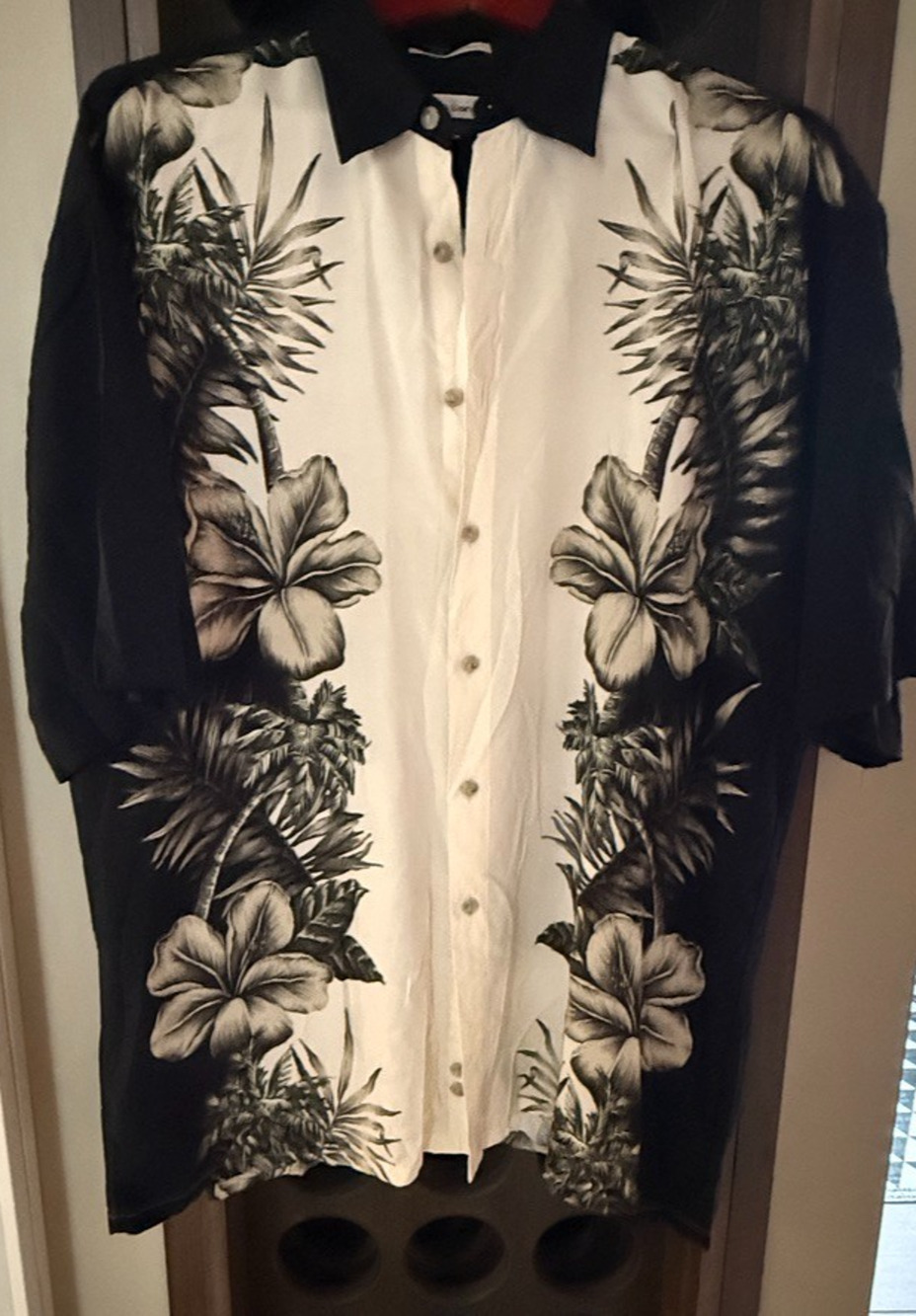Vintage Pierre Cardin Hawaiian Shirt – Black & White Botanical Hibiscus Panel Pr